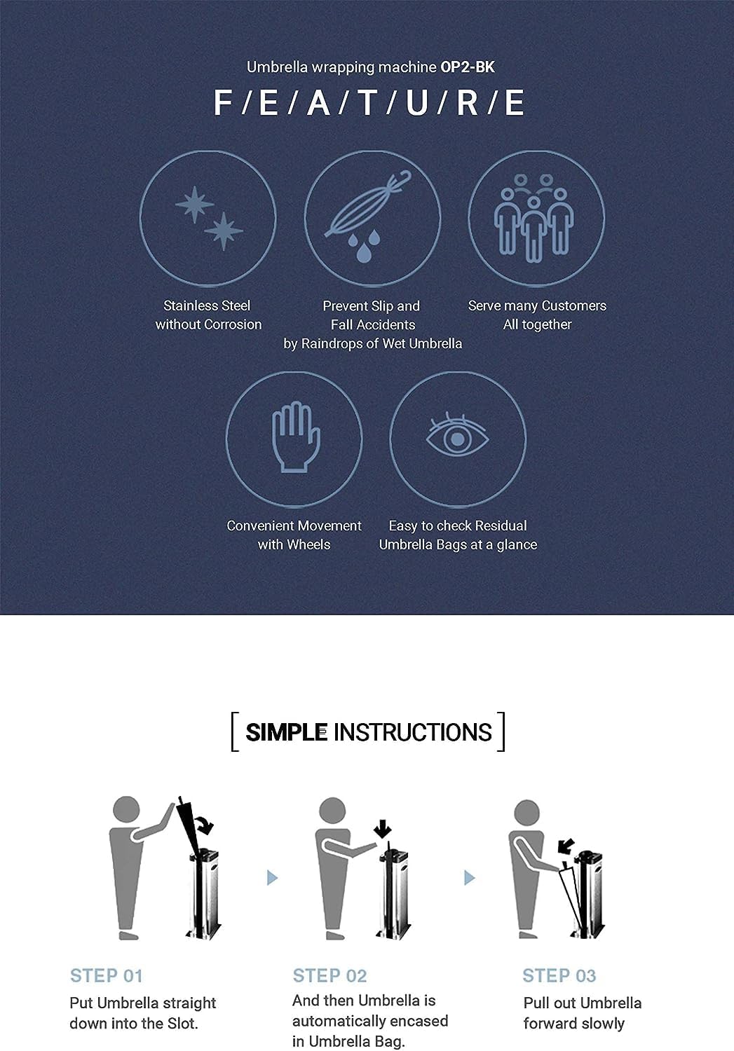 Automatic Wet Umbrella Wrapper Packing Machine, Bags Dispenser Holder, Single Slot, Stainless Steel, 200 Long Bags Included (Reflecting Silver)