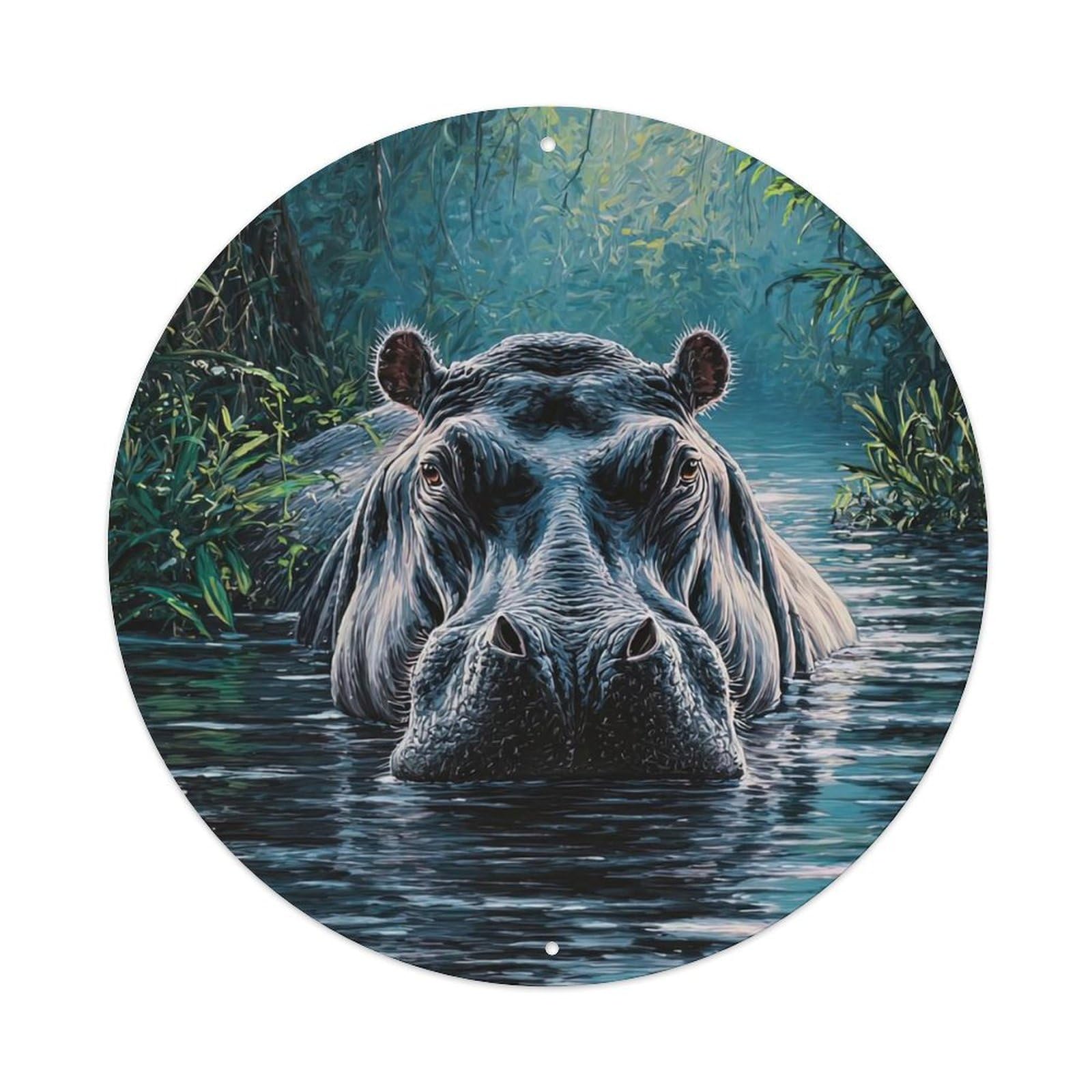 Animal Hippo Closeup in Lush Jungle Water with Sunlight Vintage Metal Tin Sign Plaque Wall Decor for Cafe, Club Bar, Office, Garden Metal Poster 8x8Inch