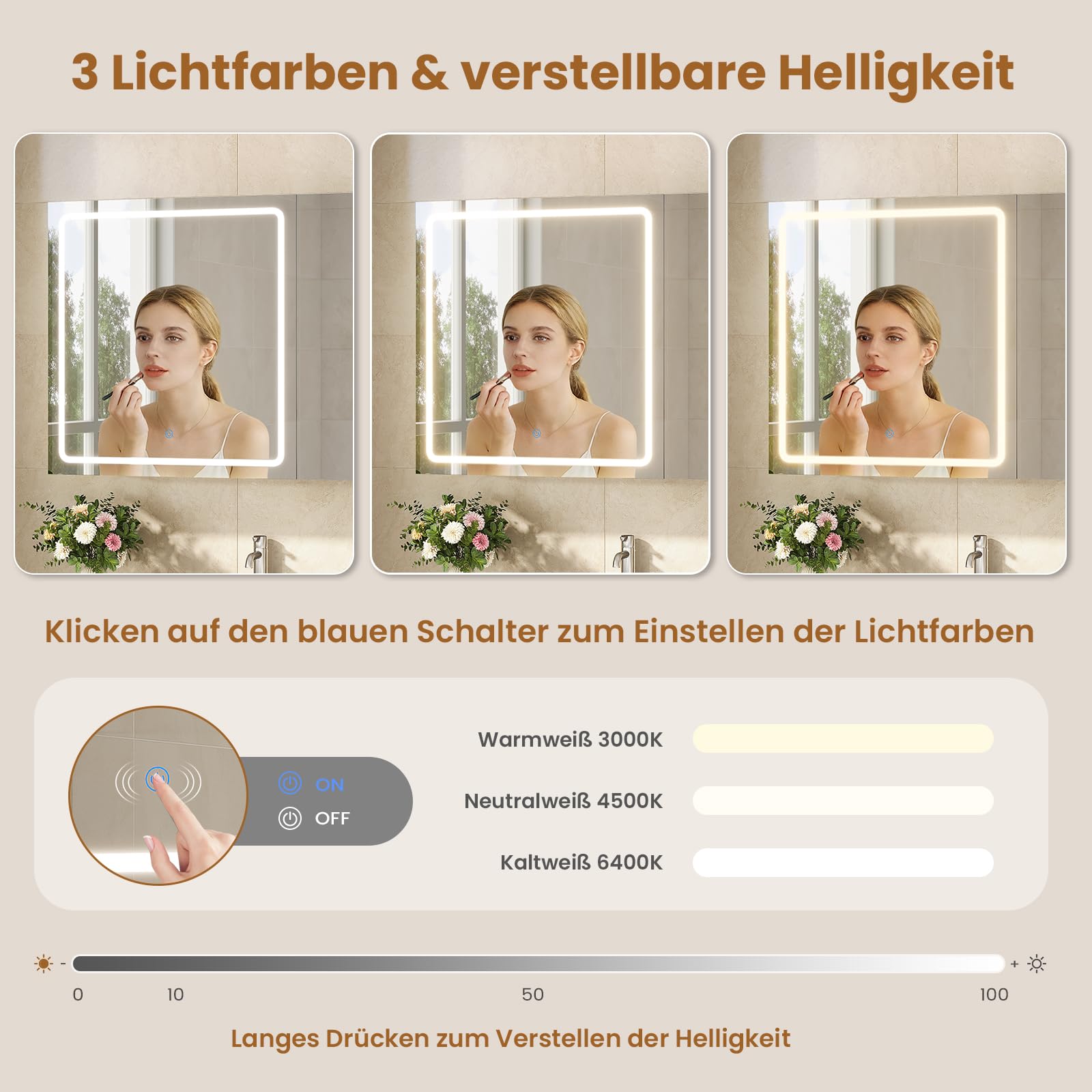 Spiegelschrank Bad 80 cm breit mit LED-Beleuchtung und Steckdose, 16 x 60 x 80 cm, Badezimmerschrank mit HD Spiegel, 3 Verstellbaren Regalen, 3 Farbtemperaturen | Dimmbarer, Badschrank, Weiß