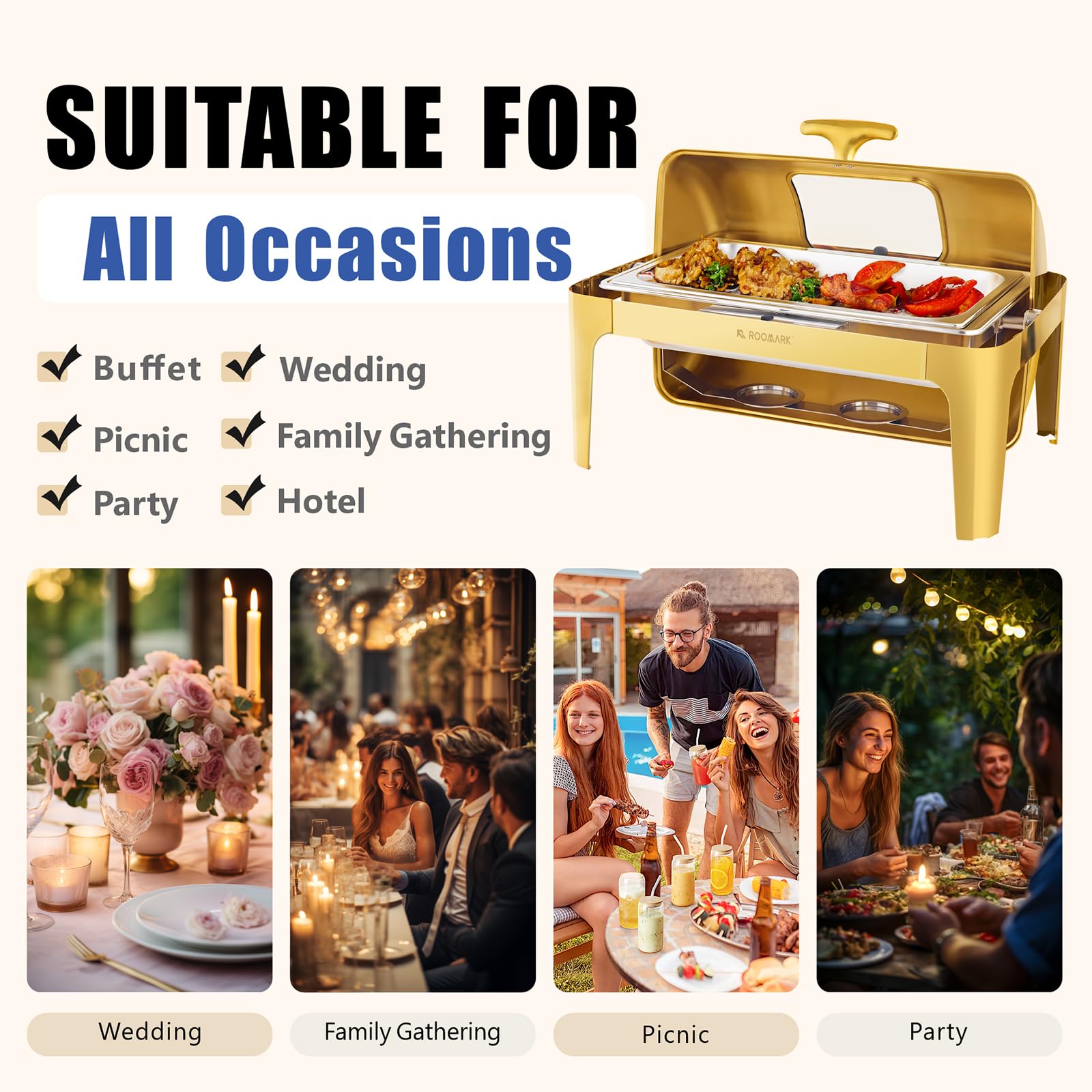 4Pcs Chauffe-Plat Rectangulaire 9L, Buffet Chauffant avec Couvercle Rabattable Visible, Réchaud en INOX avec Bac Pleine Taille, pour Buffet Libre-Service Hôtel Traiteur Restauration, Doré