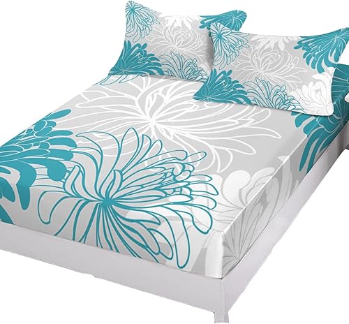 Blossoms - Sábana bajera ajustable con diseño de flores de crisantemo, sábanas inferiores elásticas con bolsillo profundo para colchones de hasta 16