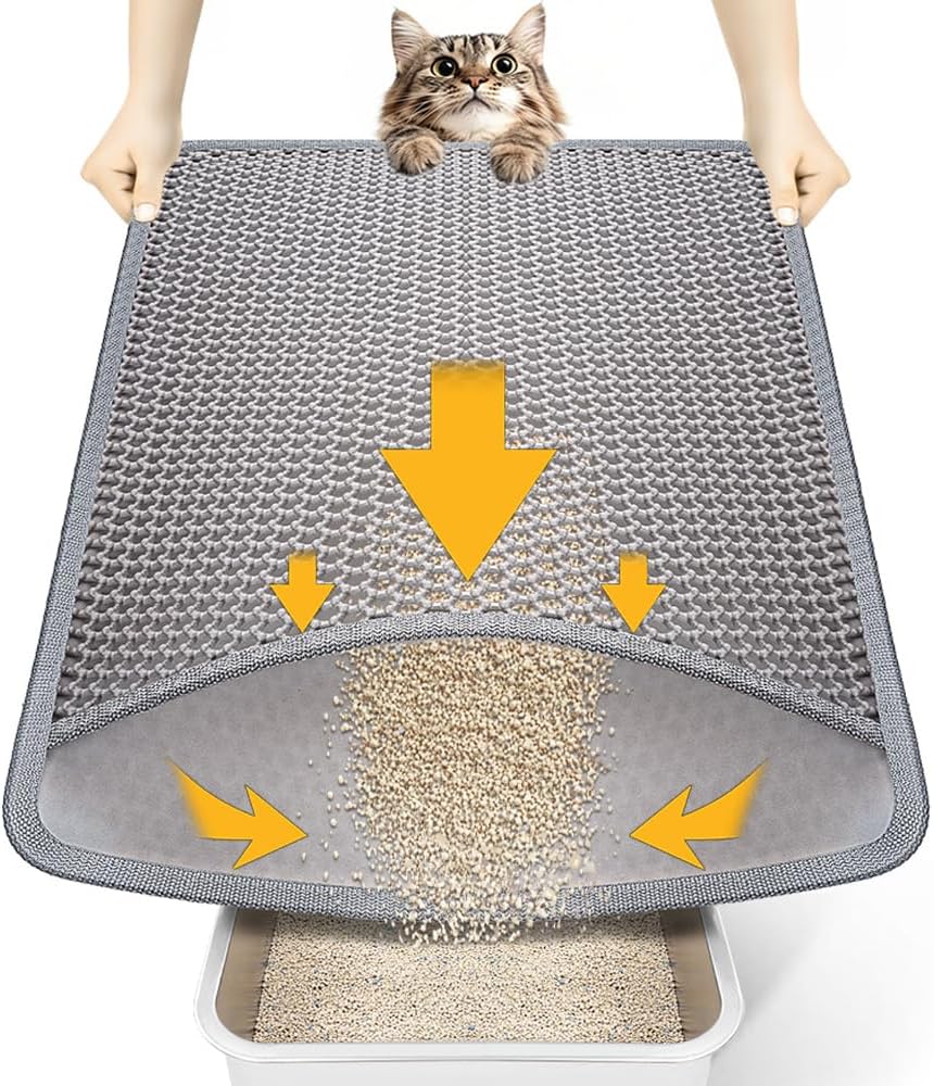 Cat Litter Mat Litter Tray Mat, Honeycomb Double Layer Design, Urine and Waterproof Material (58 x 42 cm,Grey)
