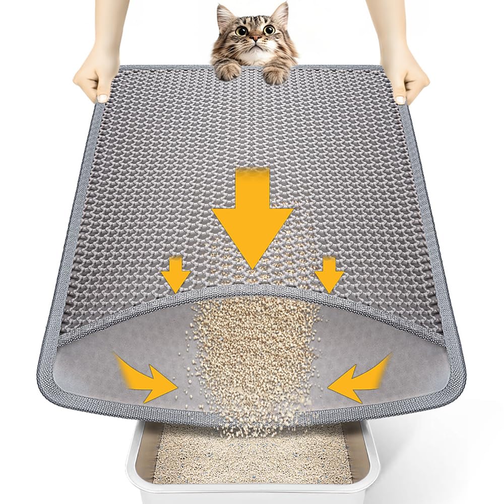 Conlun Katzenklo Matte 58x42cm, Doppelschichtige Katzenstreu Unterlage aus EVA Material, Waben-Design Auffangmatte Wasserfest & Rutschfest, Sanft zu Pfoten, Leicht zu Reinigen, Grau