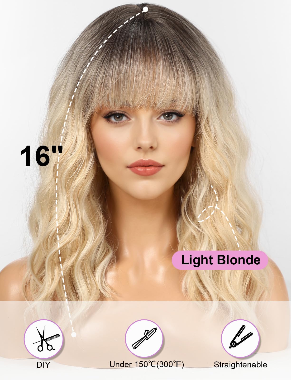 WOKESTAR Bob Wigs With Neat Fringe, Wavy Synthetic Wigs for Women Light Blonde with Highlights Color, Medium - Image 4
