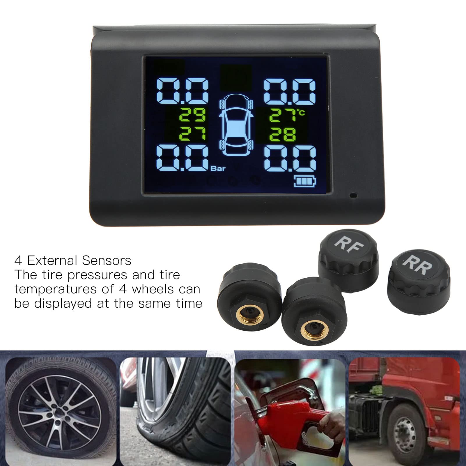 Focket Reifendrucküberwachungssystem, Drahtloses Solar-TPMS-Reifendrucküberwachungssystem mit 4 Externen Sensoren, LCD-Display, Echtzeit-Druck- und Temperaturwarnungen für Auto, Wohnmobil