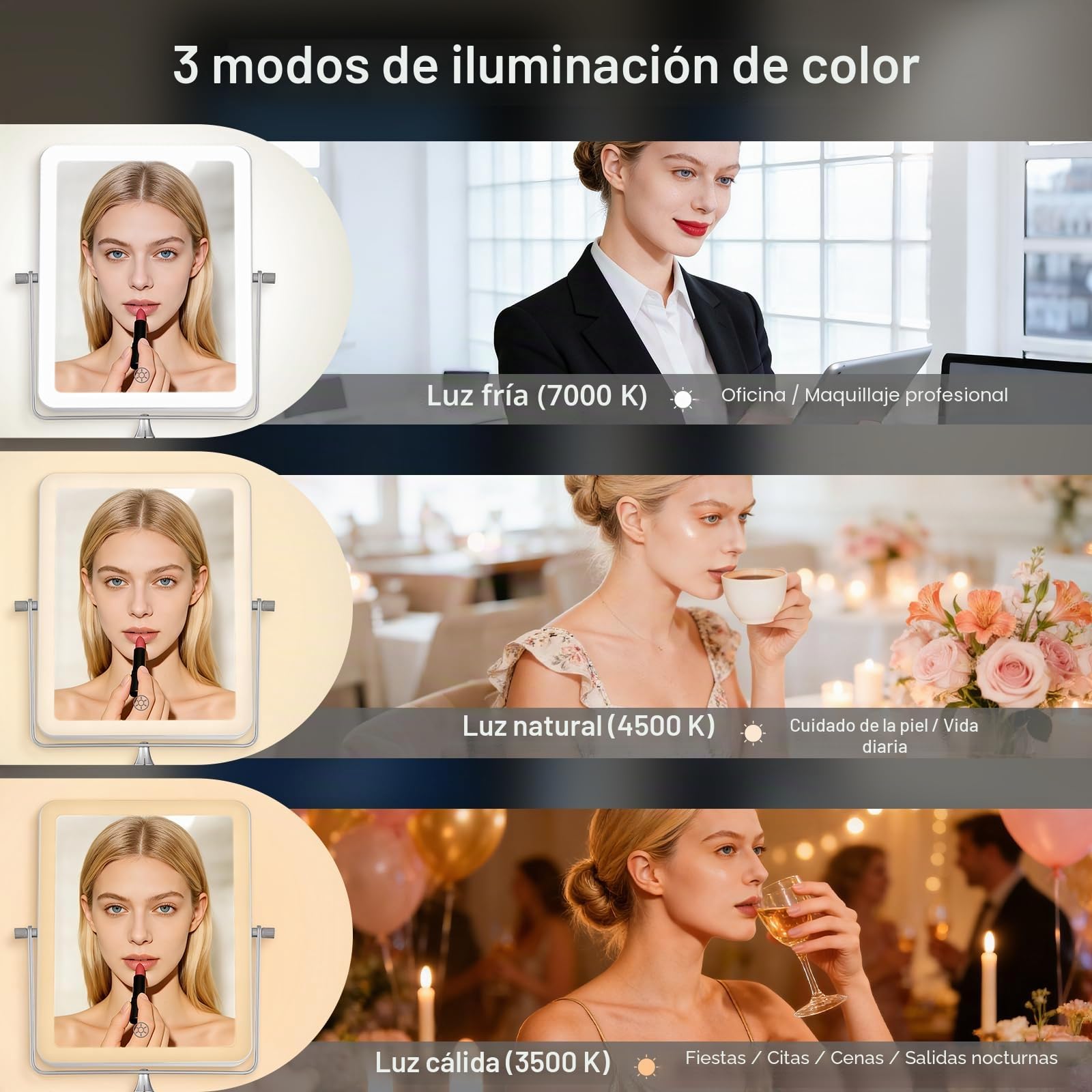 Espejo de Maquillaje con Luz LED Recargable, Espejo de Baño con 3 Colores de Iluminación, Aumento 7X y Brazo Extensible, Giratorio 360°, Espejo de Pared con Atenuación Progresiva y Gancho Integrado