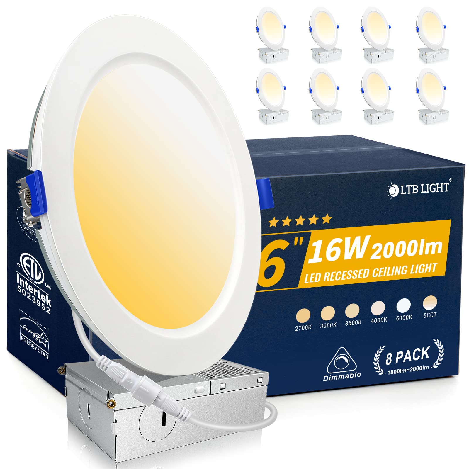 8 Pack 6 Inch 16W MAX.2000LM LED Recessed Lighting with Junction Box, Eqv 200W,2700K/3000K/3500K/4000K/5000K Selectable,Dimmable, Free of Can Housing,Flush Mount Downlight-ETL & Energy Star