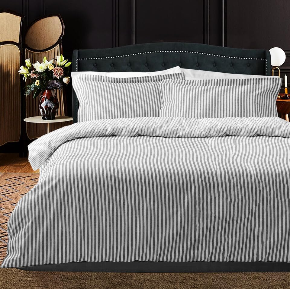 Flannelette 100% Brushed Cotton Quilt Duvet Cover Bed Set (Grey &White Flannel Duvet Cover, Single)