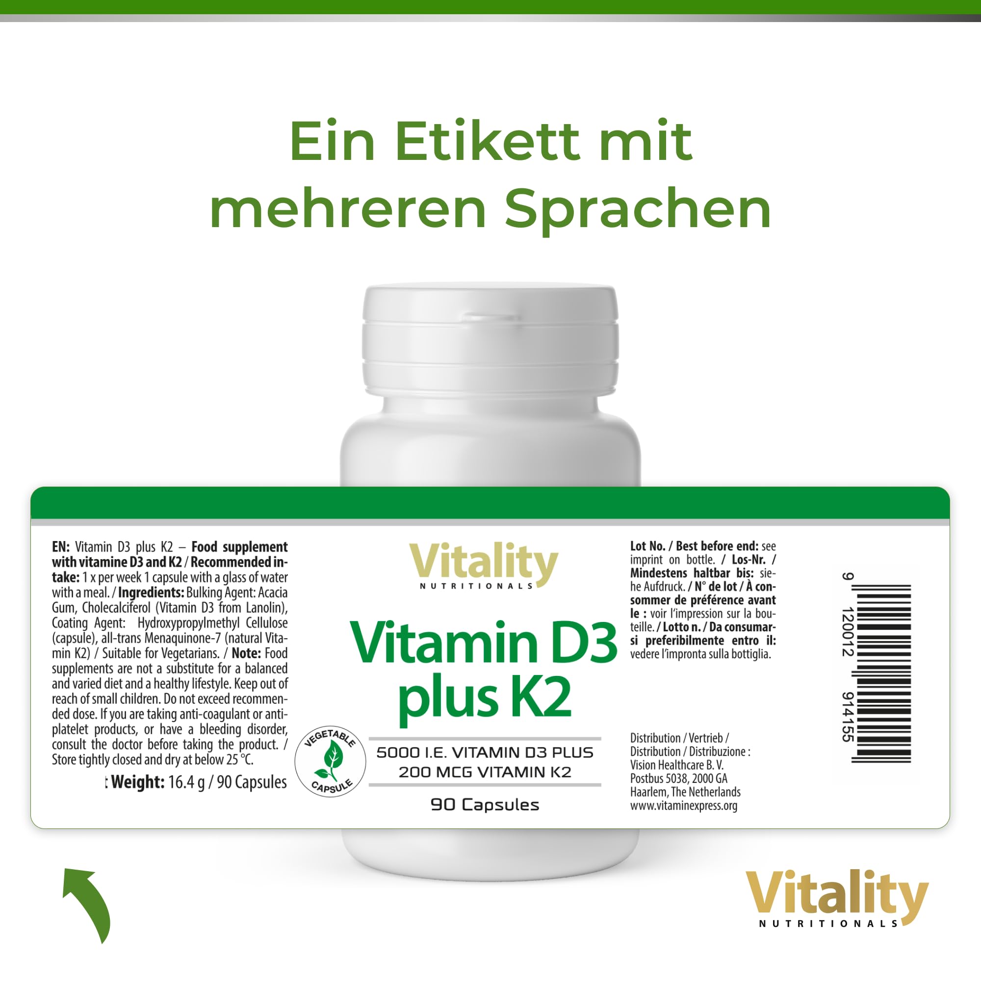 Vitamin D3 K2 Hochdosiert Vitamin D 5000 IE & K2 200 mcg Premium All Trans MK7. 90 Mini-Kapseln Hochdosiert. hohe Bioverfügbarkeit, frei von Zusatzstoffen. Vitality Nutritionals by VitaminExpress