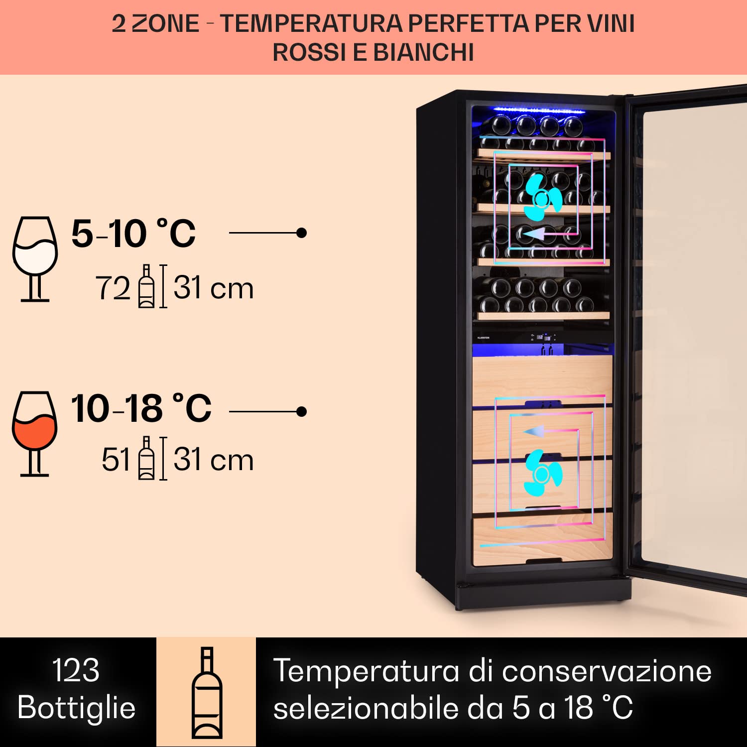 KLARSTEIN Cantinetta Vino, Cantinetta Vino Refrigerata a Zona Doppia per Interno/Esterni, Frigo Bar, Cantina Vino con Vetrina, Mini Bar con Protezione UV, Frigo Vino Touch, 5-18°C, 123 Bottiglie