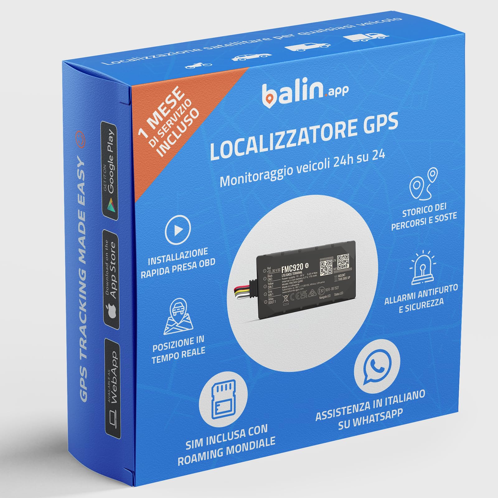 Balin.app - New Localizzatore GPS 4G professionale per veicoli, con SIM card e traffico dati, tutto incluso. Dispositivo già configurato e pronto all'uso. Controlla i veicoli da Portale Web e App.