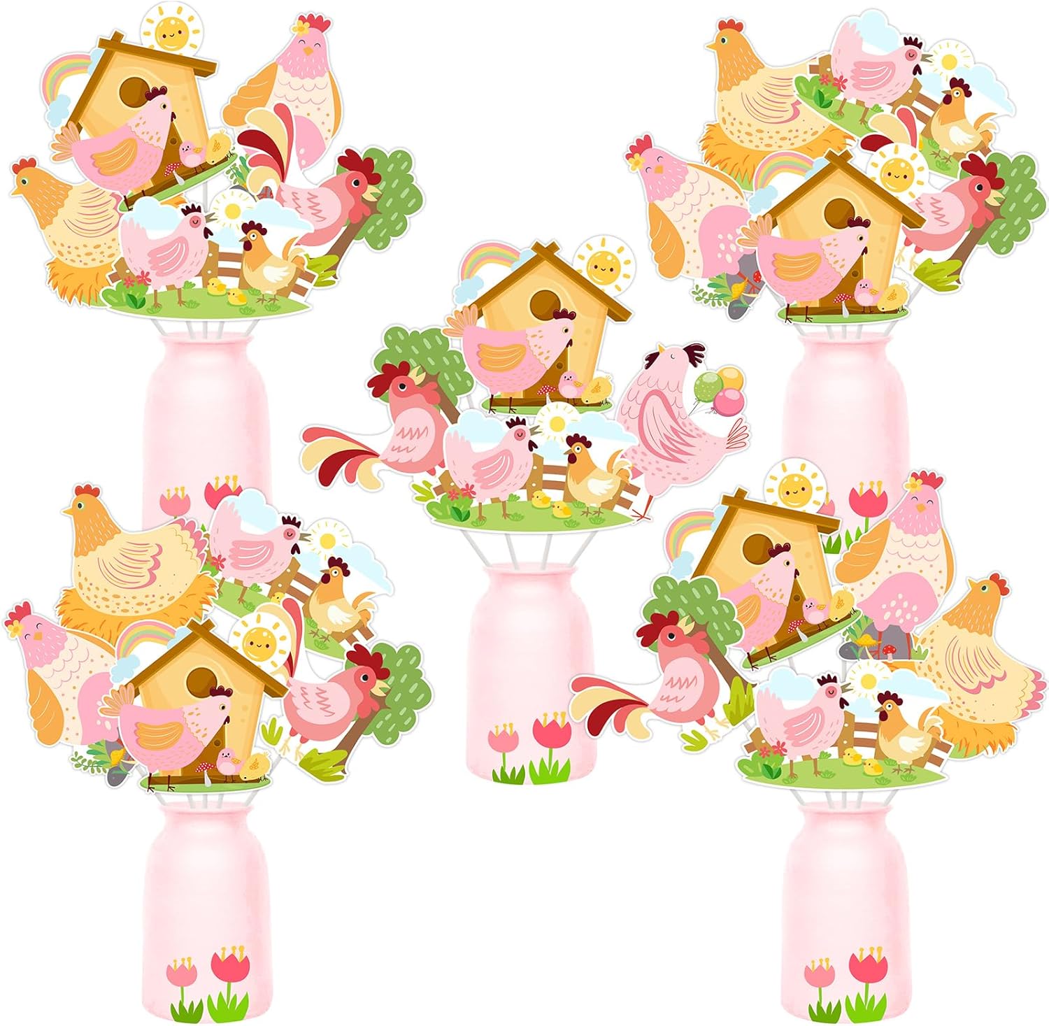 Kreatwow 24Pcs Chicken Table Centerpiece Sticks Colorful Chicken Birthday Party Decoration Hen Rooster Table Decor Farm Animal Party Little Chick Theme Decoration for Barnyard 1st Birthday Baby Shower
