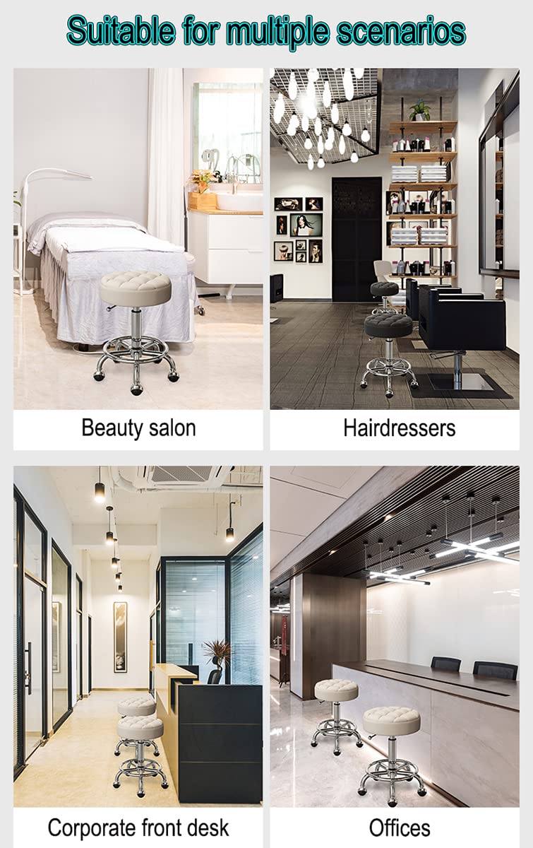 Silla giratoria de altura ajustable con ruedas y reposapiés, color gris oscuro, ideal para belleza, peluquería, estética y oficina en casa
