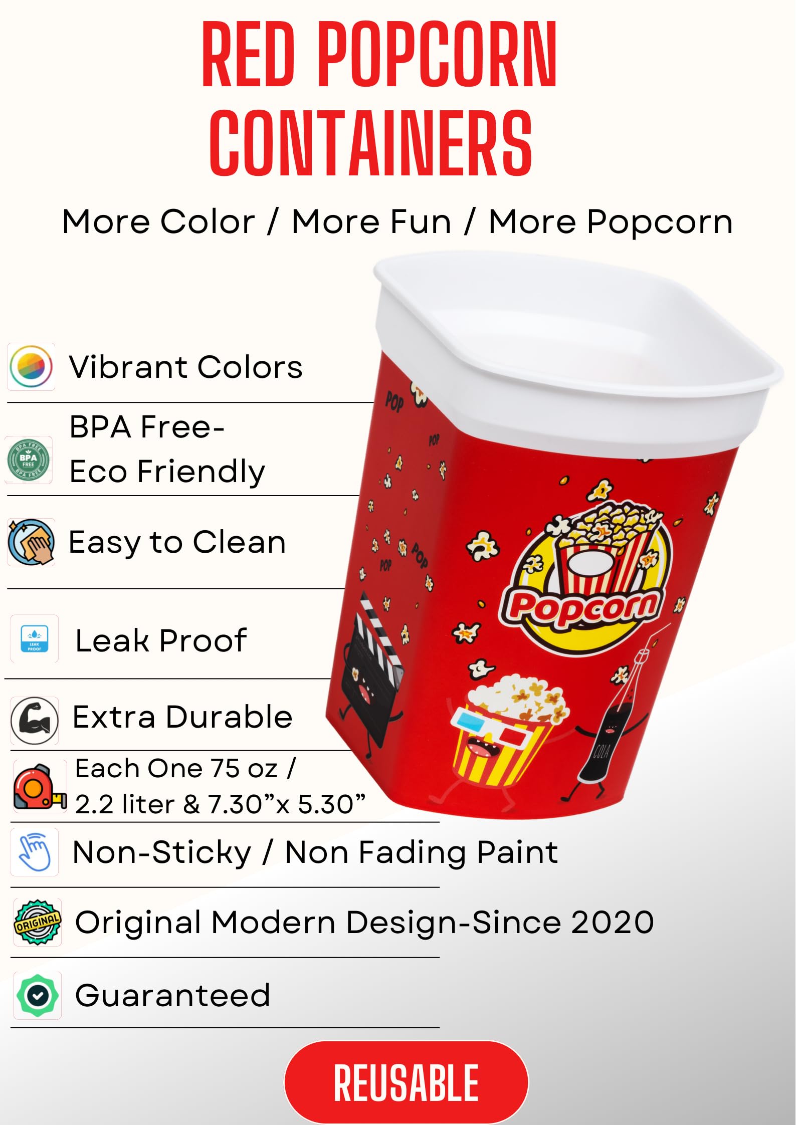 Mix 6-teiliges wiederverwendbares Kunststoff-Popcornbehälter/Popcornschalen-Set für Kinoabende – waschbar in der Spülmaschine – BPA-frei (2 rot, 2 grün und 2 gelb) (6)