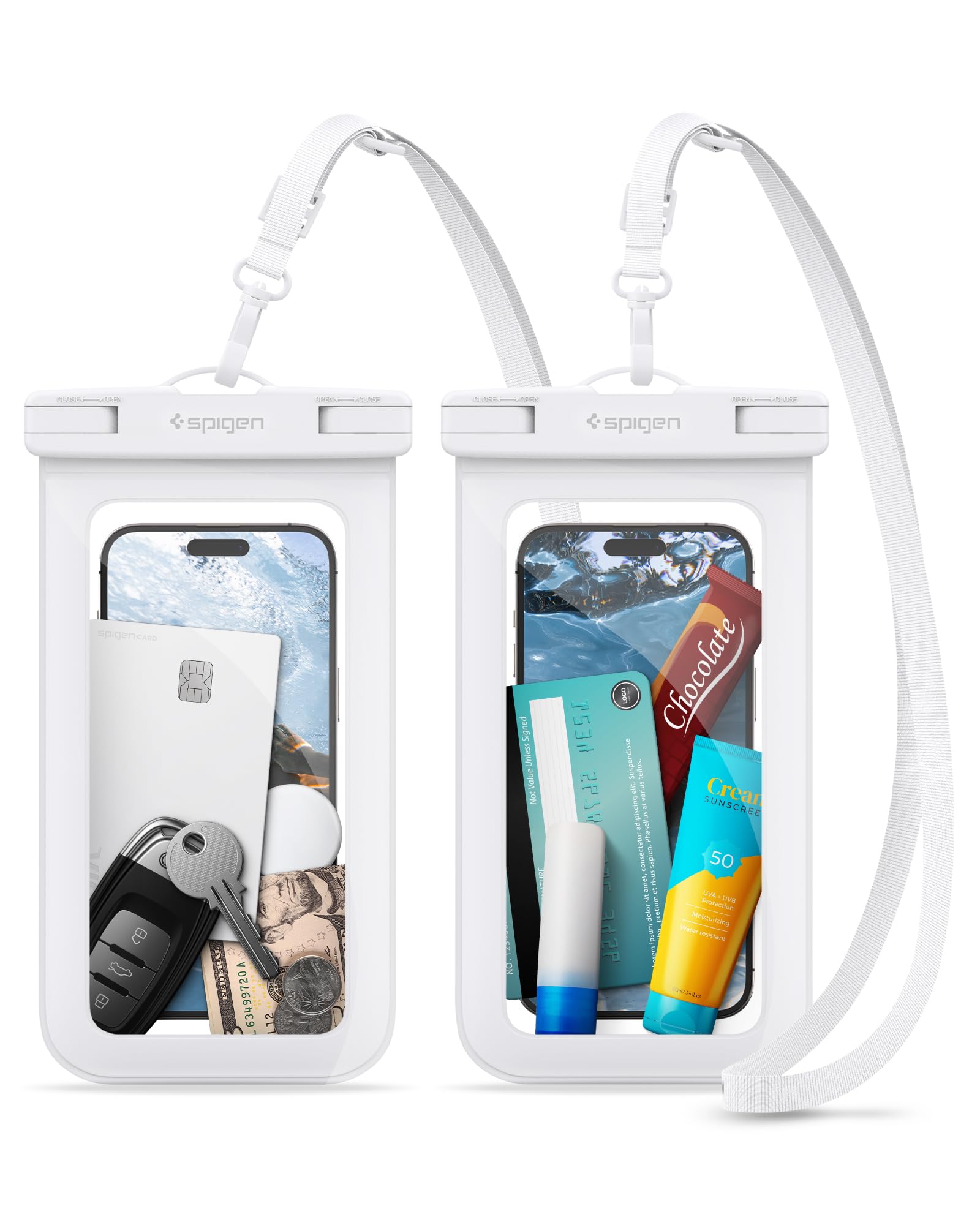 Spigen [2 Pack Waterproof Floating Phone Case Up to 8.2" White | White - Swimming & Travel, Long Adjustable Waist Strap, IPX8 Dry Case, Up to 8.2", Compatible with iPhone and Samsung