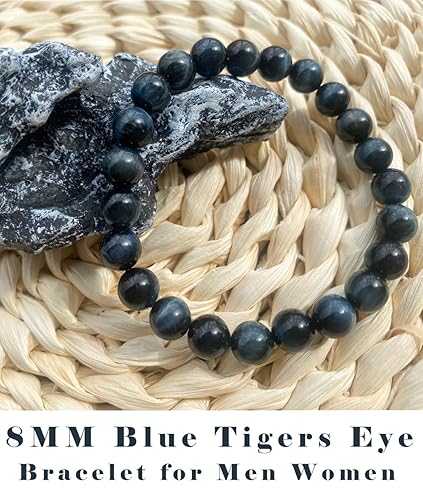 Miniatura 7 de 8MM Blue Tigers Eye Bracelet for Men Women  Fits for 6.5-7.5" Wrist  Protection from Evil Gem  Relief Anxiety Stress Fear  Natural Birthstone for