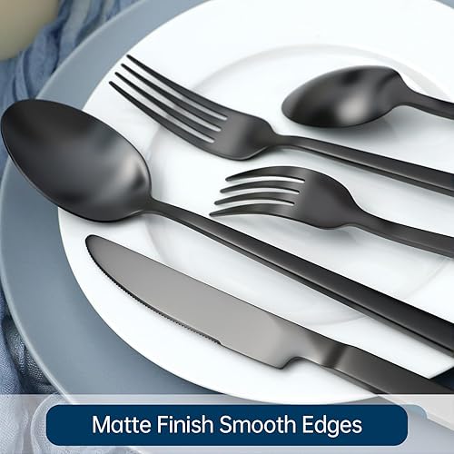 Miniatura 4 de Juego de cubiertos de 20 piezas forjados a mano de acero inoxidable 18/10, color negro, con mango cuboide pulido mate, servicio para 4 Negro