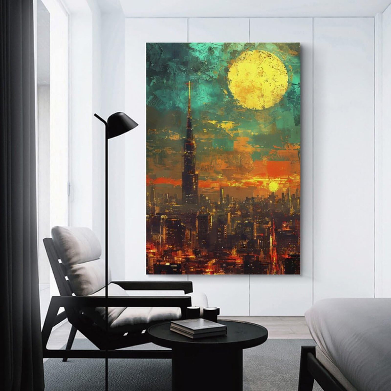 Cityscape with Tower And Moon Painting Canvas Wall Art 20x30inch(50x75cm), for Workspace Walls, Study Corners Or Bedrooms, Wall Art That Adds Style to Work Areas