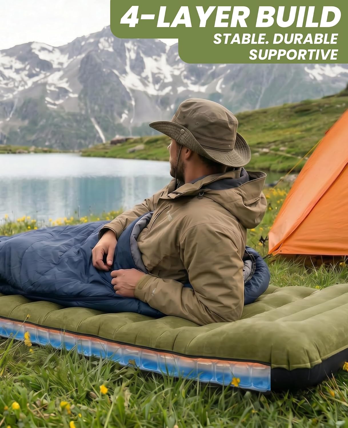 Camping Sleeping Pad 6" Thick Sleeping Mat Foot Pump Connectable | 4.5 R Faux Suede-Quiet & Comfort,Non-Slip for Side-Sleep,210D Nylon-Tough, Abrasion-Proof,Foot Pump Air Mattress Camping