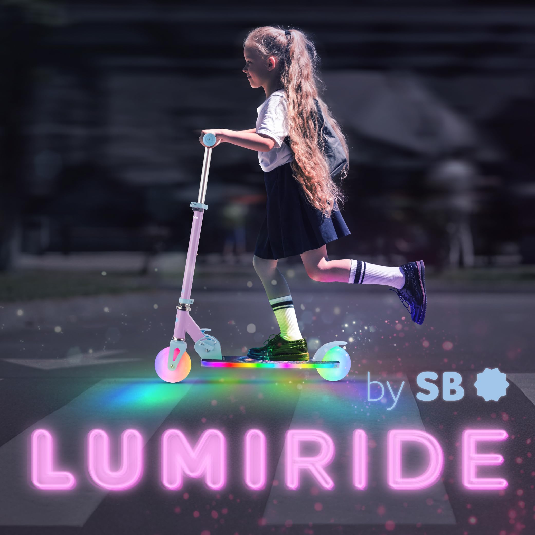 LUMI Ride Patinete Infantil 2 Ruedas LED 3+ | 7 colores, 20 programas, manillar ajustable, freno pie