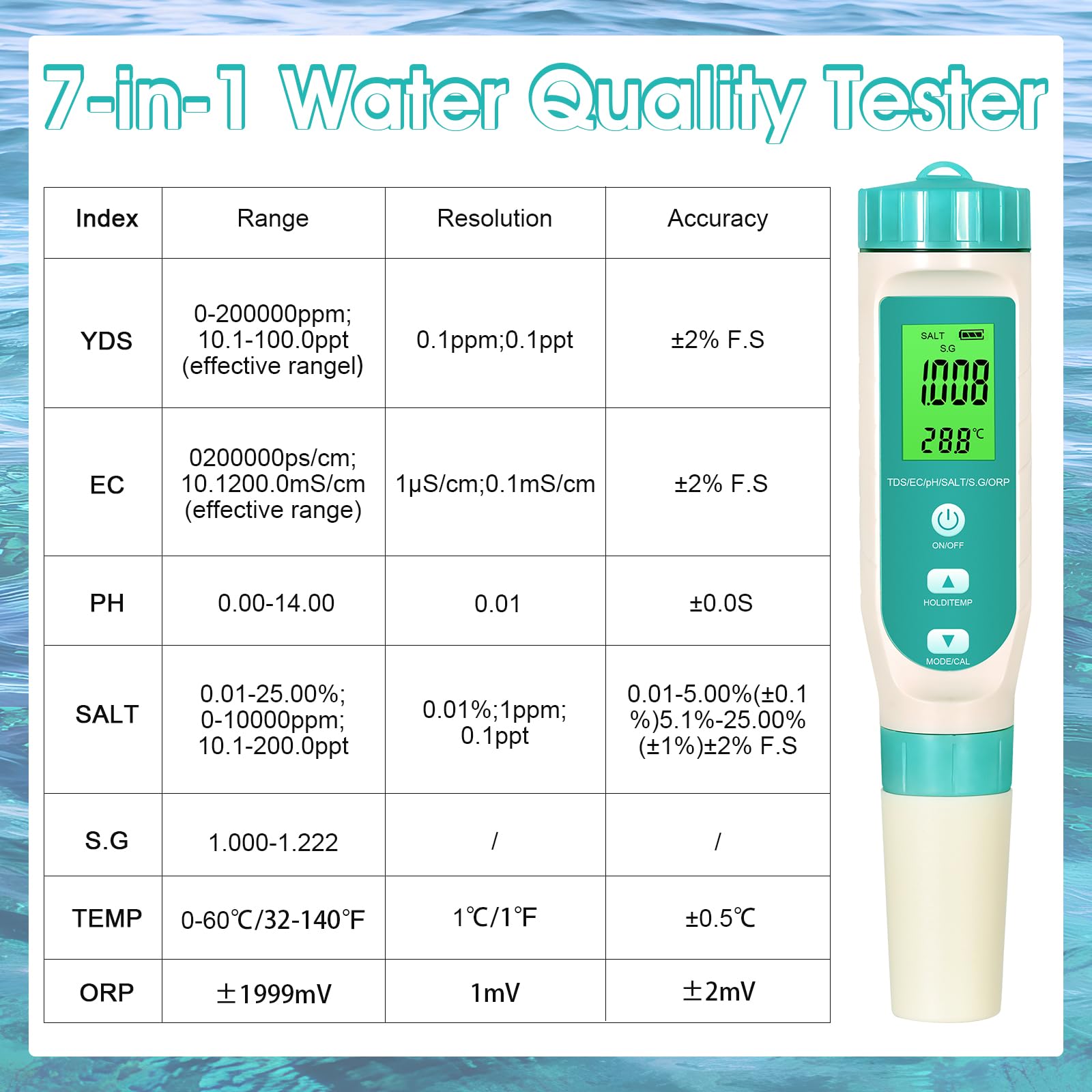 Testeur de qualité de l'eau T8-W7L – Appareil de mesure 7 en 1 pH/TDS/EC/sel/ORP/SG/température | Étanchéité IP67 | Calibrage ATC | Écran LED rétroéclairé pour aquarium, hydroponie, jardin