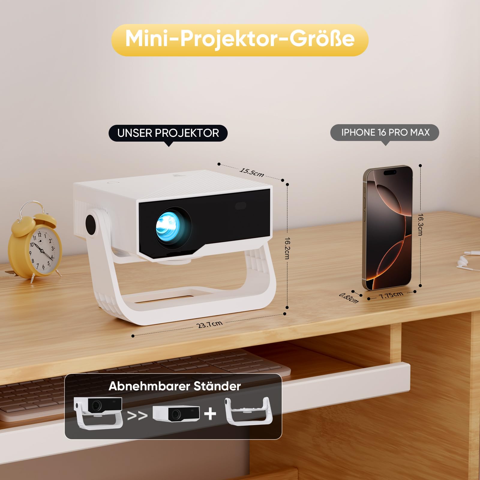 Wielio Upgrade Smart Beamer,integrierter App, Unterstützung 4K,WLAN&BT Projekto, 120° verstellbarem Ständer, vertikale Trapezkorrektur und elektronischer Fokus Heimkino Beamer für Handy/PC