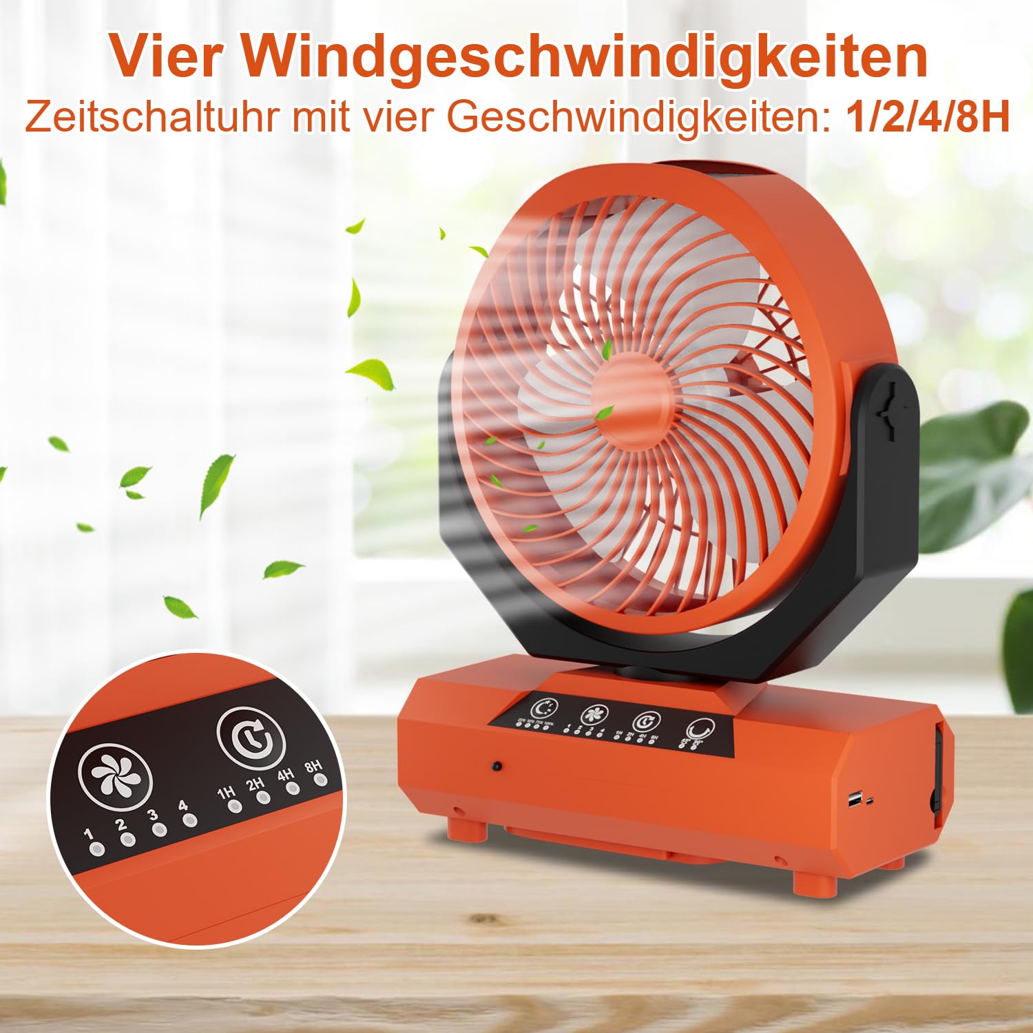 Ventilatore da campeggio con gancio e lanterna a LED, portatile, 20000 mAh, 2 in 1, orientabile a 270°, 3 velocità, ventilatore USB per campeggio, picnic, ufficio, camera da letto (arancione)