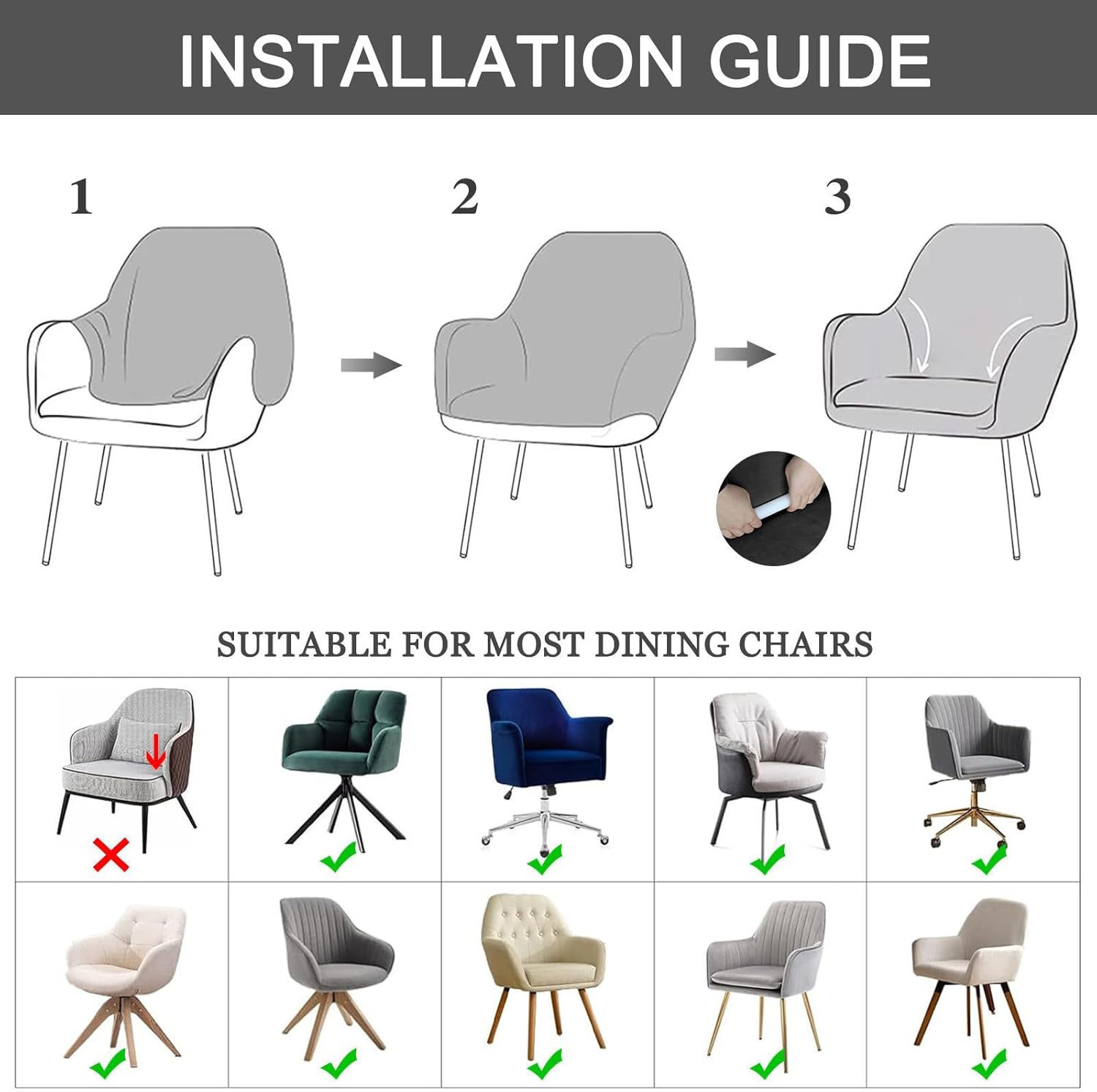 ストレッチ ダイニングルームチェアカバー, スパンデックス 肘付き 椅子カバー 柔らかい 取り外し可能 洗える カーブバックダイニン