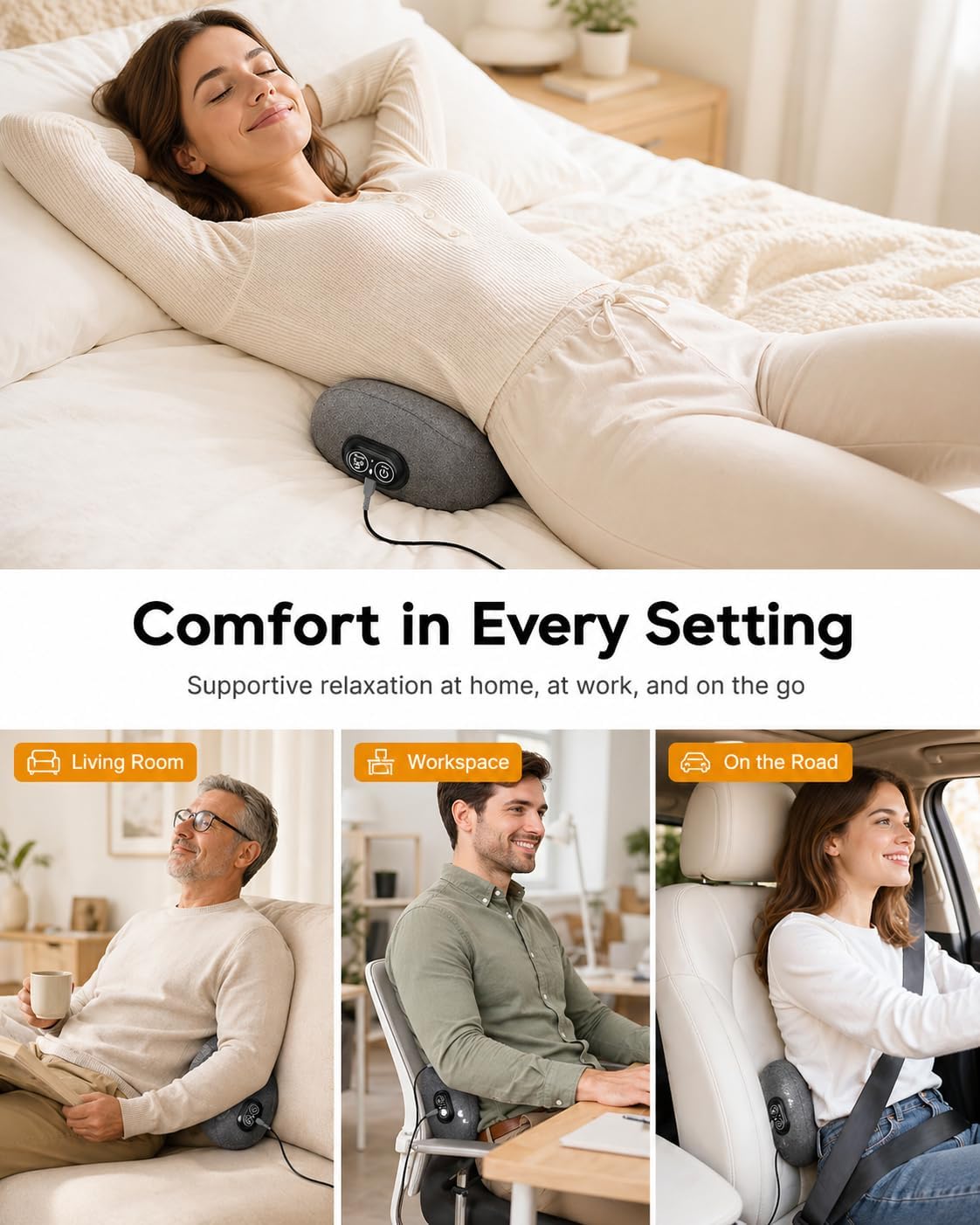 Back Massage Pillow with Heat，Multi-Mode Electric Lumbar Support Pillow with Heat, Vibration & Dynamic Air Support, Memory Foam Lower Back Massager for Deep Muscle Relaxation, Office, Car & Home