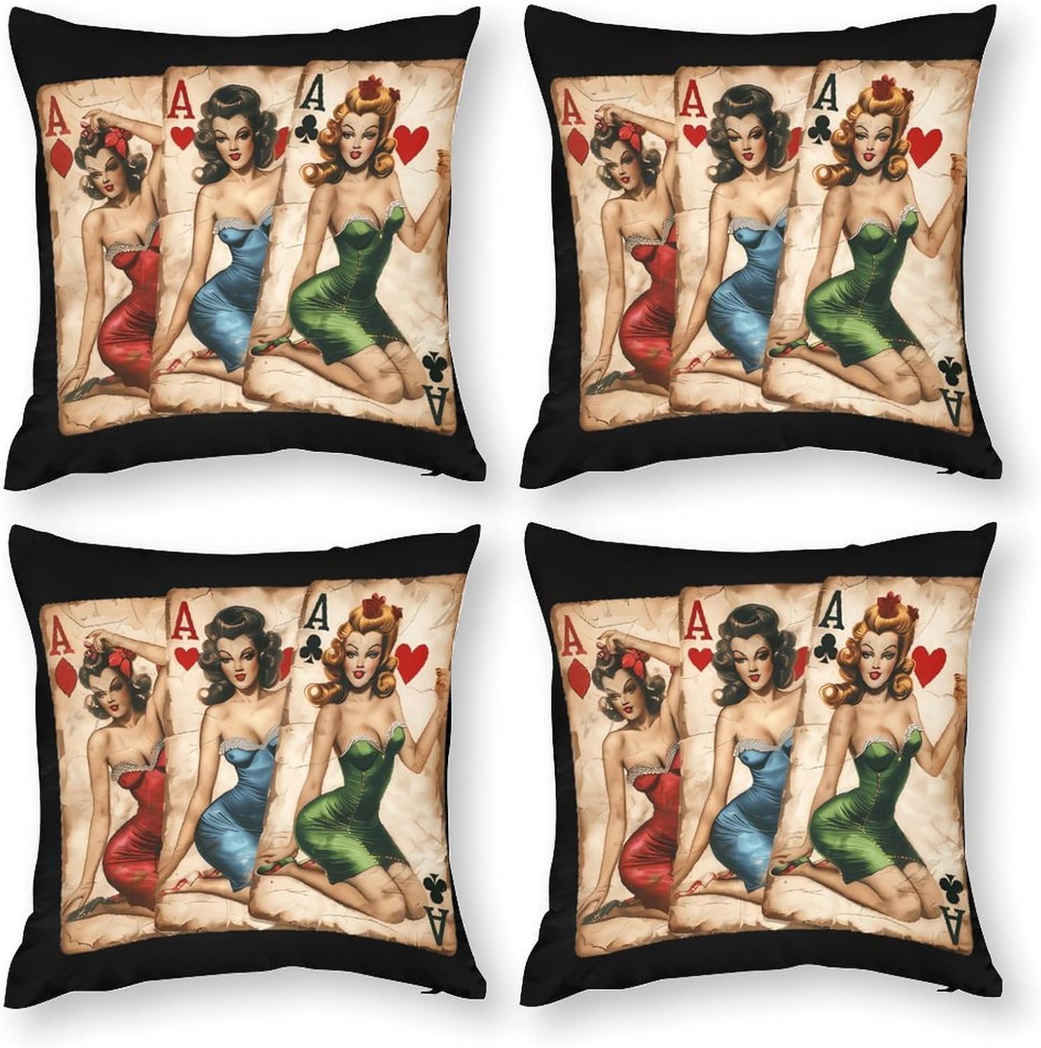 Vintage Pinupgirls Playing Cards Printed Throw Pillow Case 4 Pcs Soft Pillowcases Pillows Covers Sofa Bed Decor 12/14/16/17/18/20/22/24/32 Inches