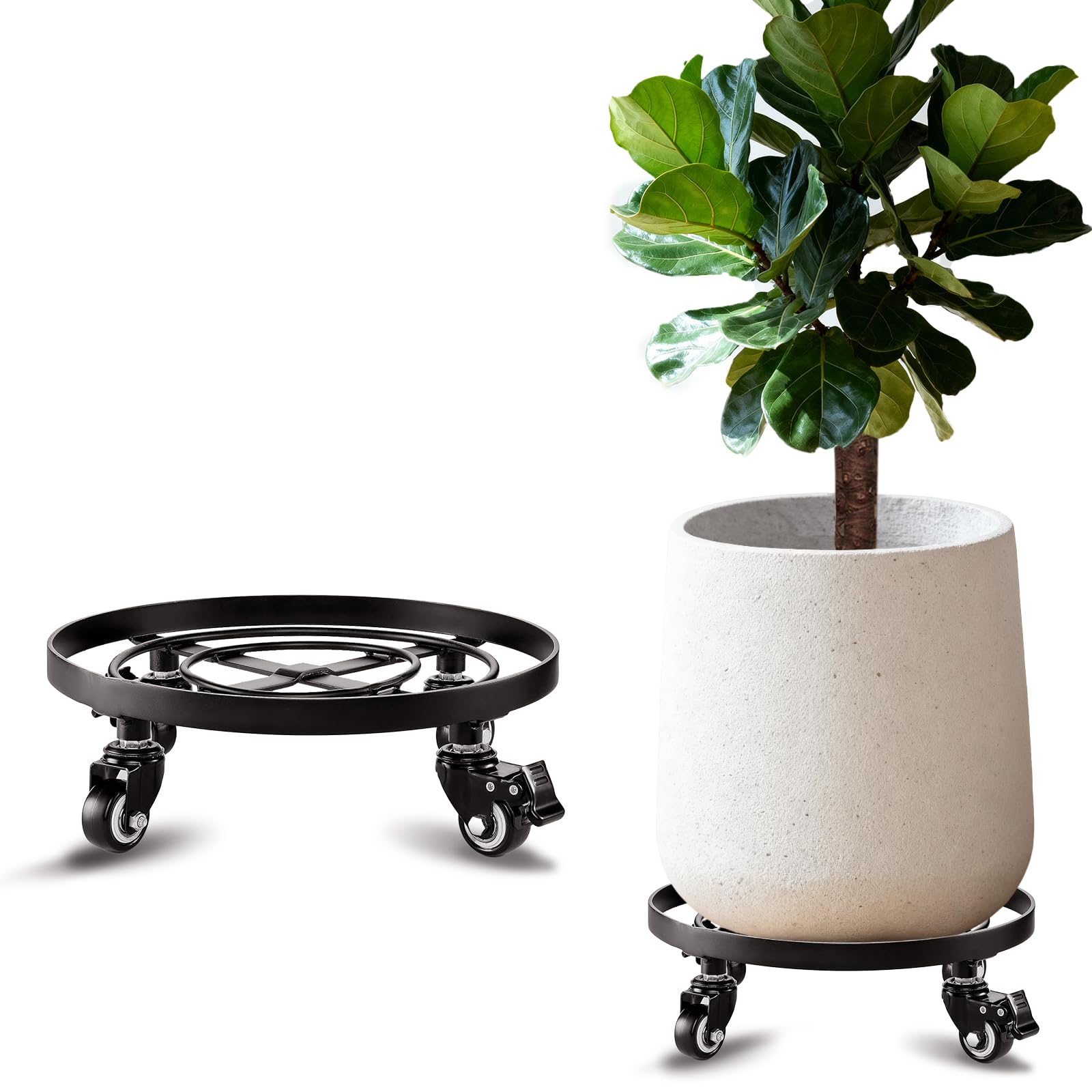 AMAGABELI GARDEN & HOME Plant Caddy with Wheels Heavy Duty 14“ 2 Pack Rolling Plant Stand Plant Dolly Iron Wheeled Lockable Casters Round Pot Mover Rollers Indoor Outdoor Planter Trolley Metal