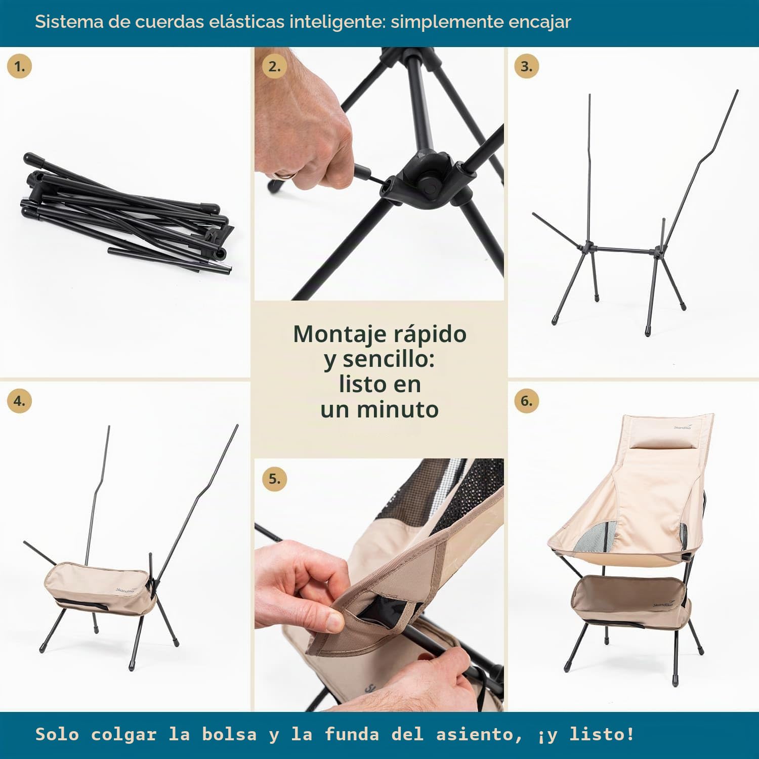 skandika Silla de Camping Solig - Silla Plegable | hasta 120 kg - Estructura de Acero, Respaldo Acolchado - Inserciones de Malla (Beige)