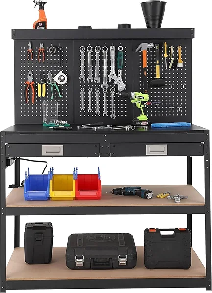 KOKEBREN 48'' 3-Tier Adjustable Workbench, Heavy Duty Workbench with Drawer and Backplate, 2000 LBS Capacity Work Table, Suitable for Office, Garage, Workshop