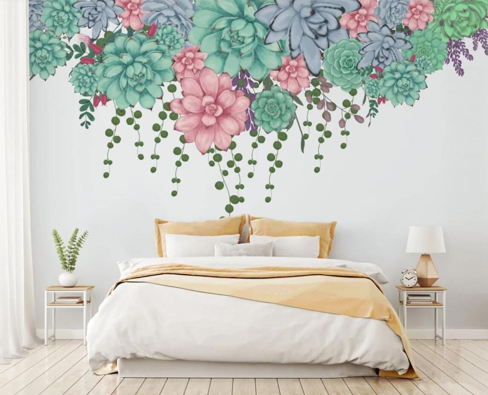 Tapisserie murale salon effet 3D plantes fraîches peintes à la main