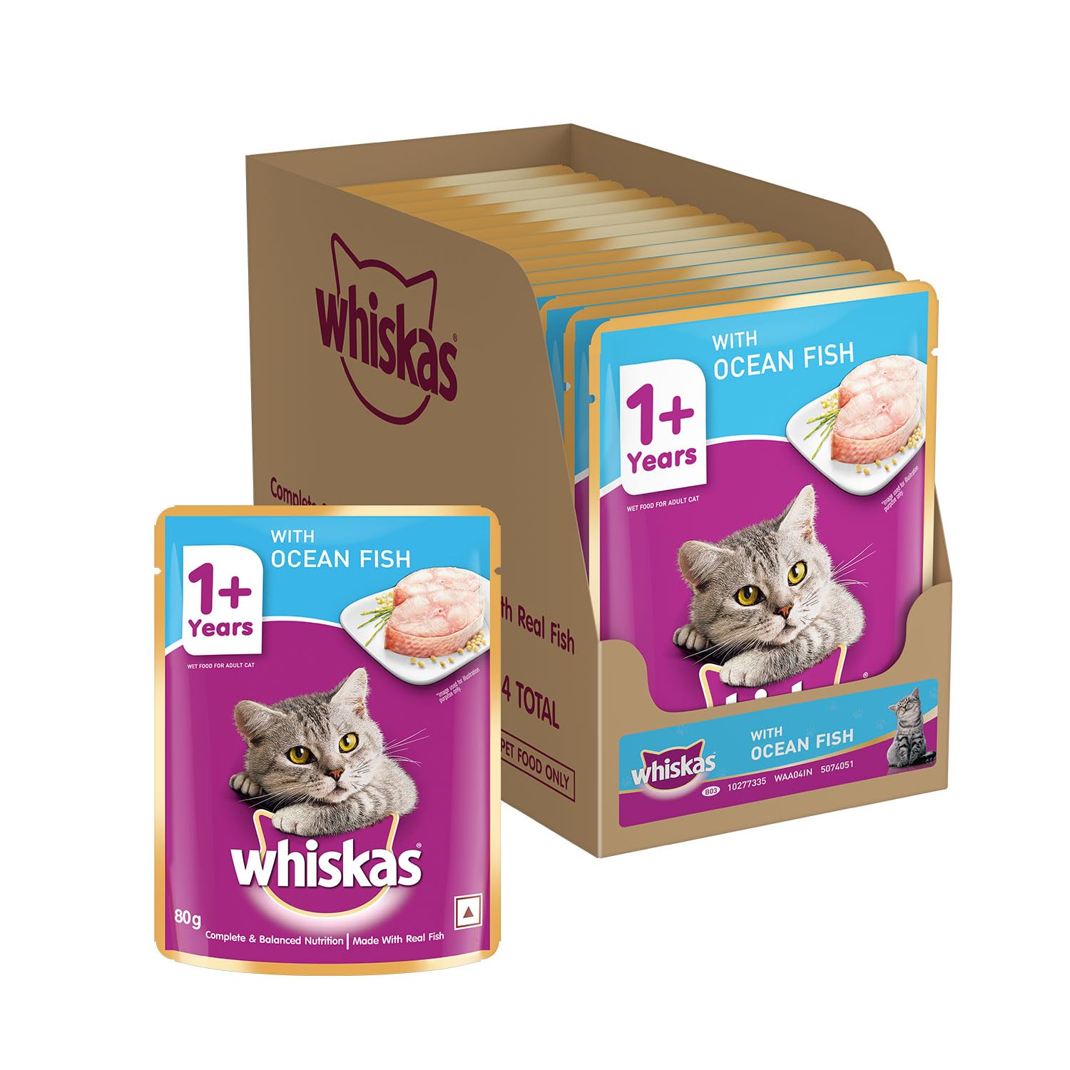 Whiskas Adult (+1 Year) Wet Cat Food, Ocean Fish Flavor, 70 g, Pack of 14 | Complete & Balanced Food for Adult Cats | Pet Food for Hydration of Cats