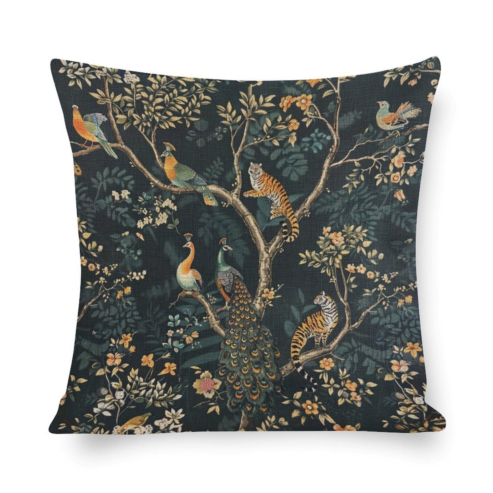 MaSiledy Outdoor Square Pillow Cushion Cases Tiger Jungle Animal Tropical Leaves Pillow Case Emerald Green Tiger and Peacock Jungle Animal Bed Pillows