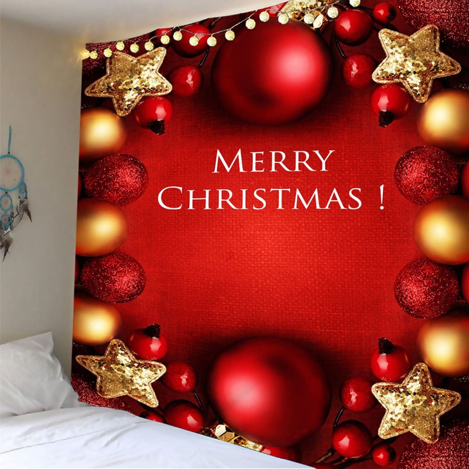 Tapices Tematicos, Tapices de Pared Bolas y Estrellas Navideñas Merry Christmas Rojo Amarillo Poliéster 350X256cm