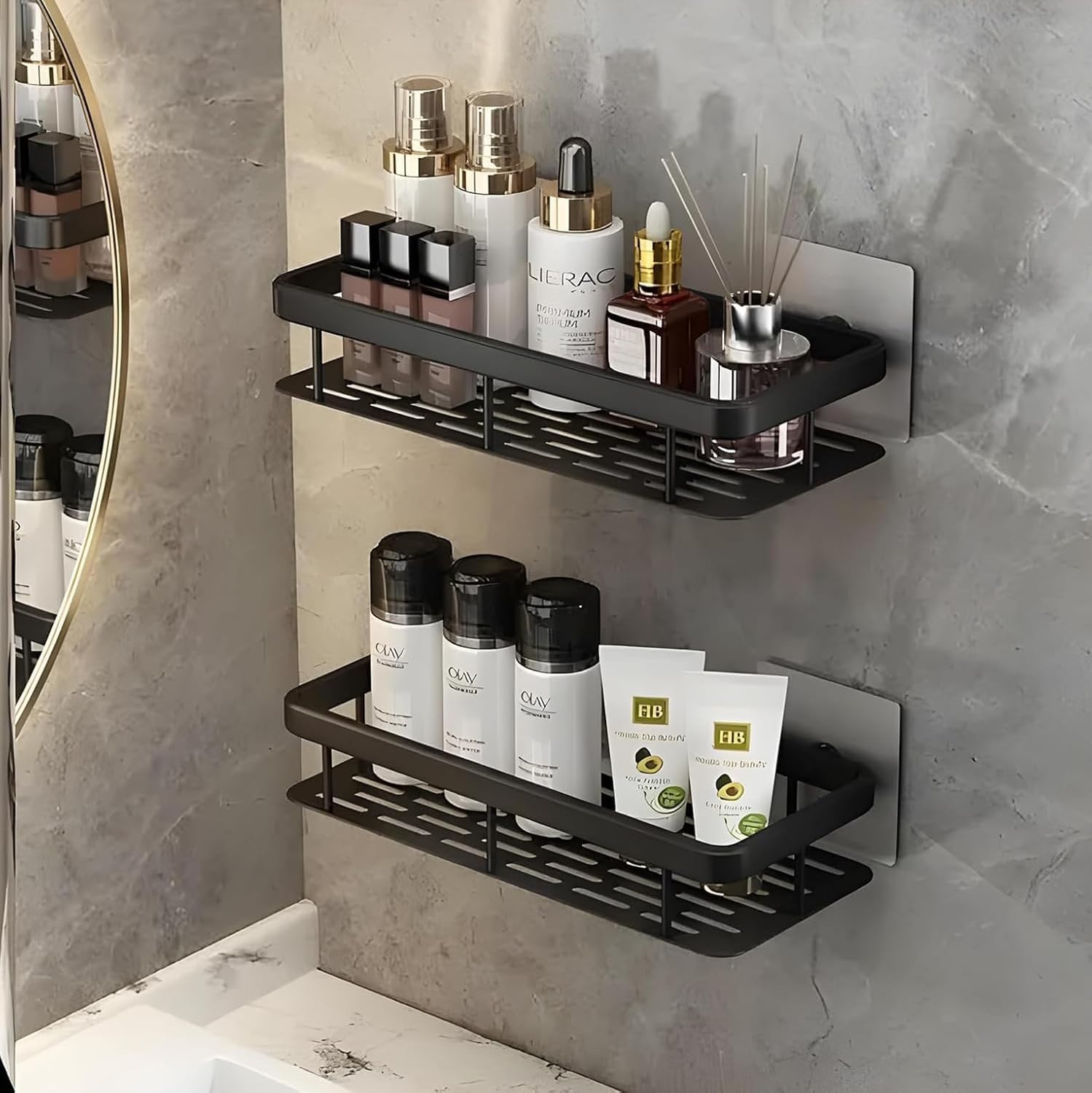 QONETIC Pack of 2 Plastic Self-Adhesive Multipurpose Wall Mounted Bathroom Shelves Space-Saving Storage Organizer Racks for Bathroom and Kitchen Accessories Wall Stand for Home Office Use