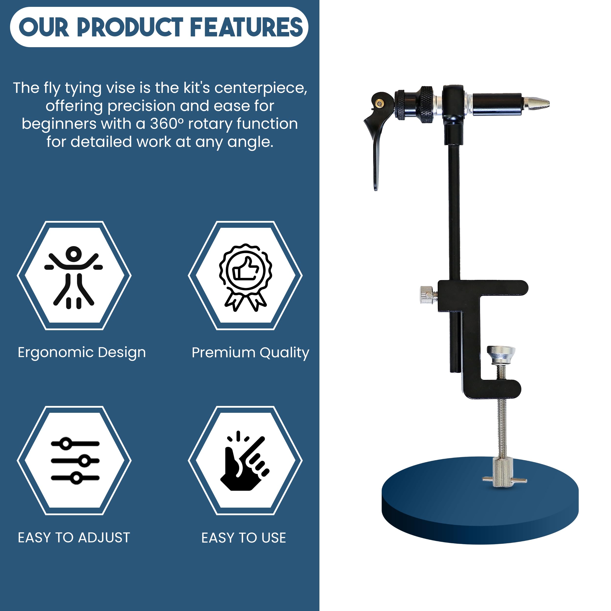 Fly Tying Kit & Rotary Fly Tying Vise for Beginners - Fly Tying Materials Kit w/60 Hooks & Travel Case | Fly Fishing Starter Kit w/Instructions | Complete Fly Tying Tools | Fly Fishing Accessories