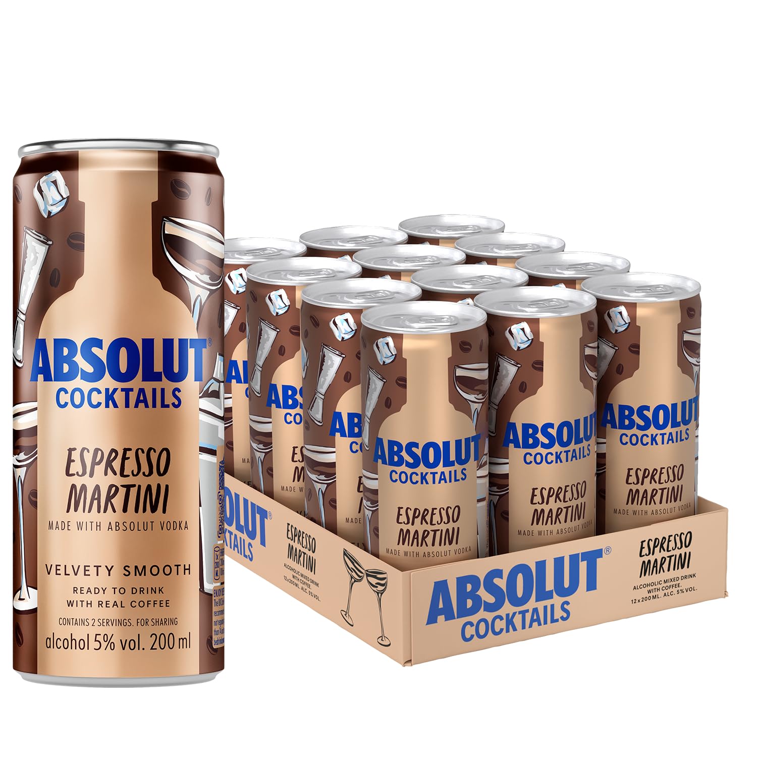 Absolut Cocktails Espresso Martini Ready to Drink Cocktail | Swedish Vodka | Premixed Vodka Cocktail | Rich Coffee Flavour | Ready to serve | Case of 12 x 200ml