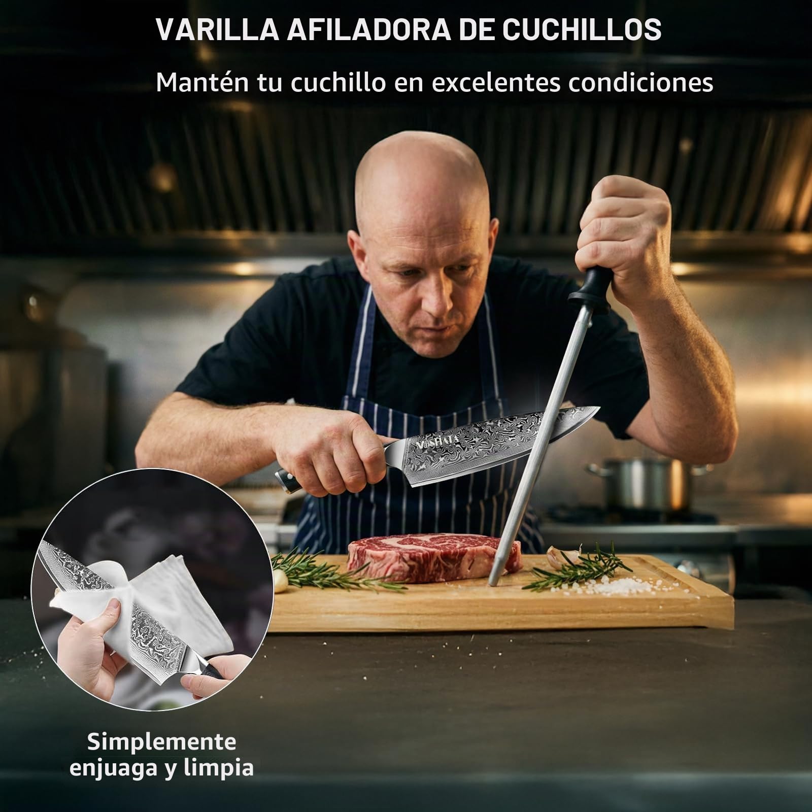 MOSFiATA Cuchillo de Cocina Damasco, 20cm Cuchillo Chef de Acero Damasco de 67 Capas con Mango de Material G10 y Afilador de Cuchillos