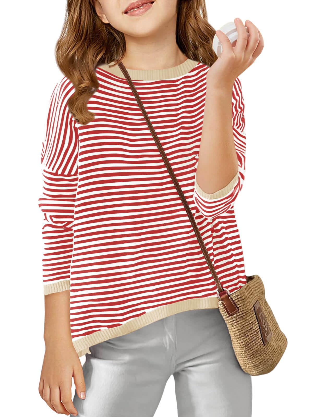Haloumoning Jersey para niña a rayas, cuello redondo, jersey de punto ligero para niños, monocolor, manga larga, jersey de invierno, camiseta de invierno