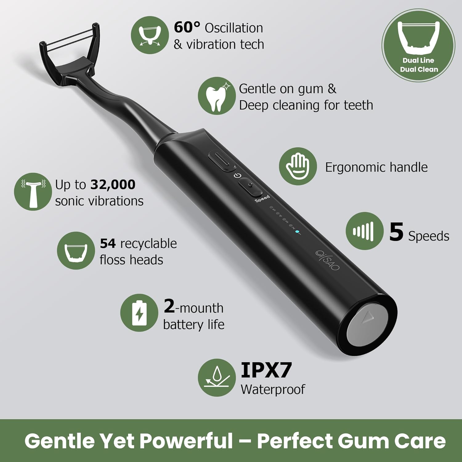 Electric Flosser for Teeth, Water Flosser Alternative with 5 Speeds + 54 Refill Heads, 5X Cleaning & 60 Day Battery Life, Oscillation Gliding for Sensitive Gum Care, Dentist Recommended -Black