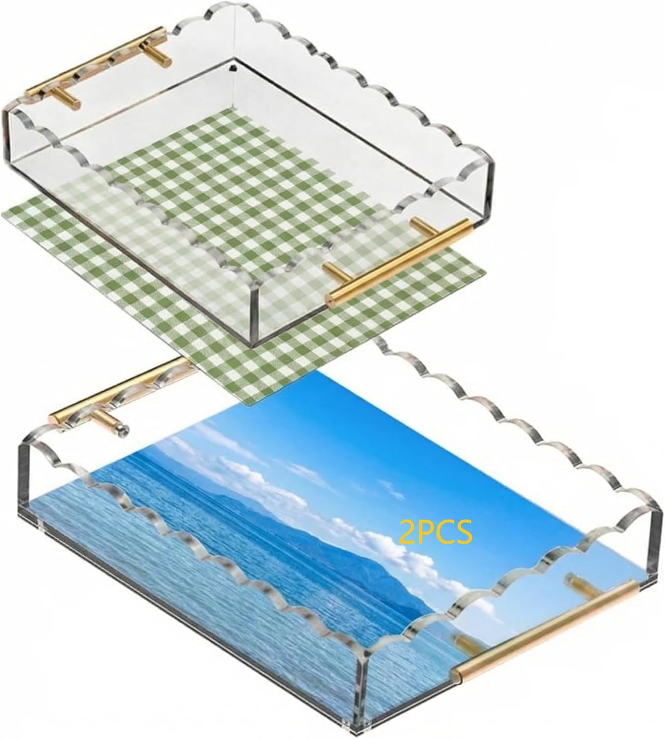 2PCS Acrylic Scalloped Tray 12x10 with Magnetic Picture Mat, 5mm Thickened Decorative Tray with Polished Copper Handles for Photos, Elegant Scalloped Serving Tray for Vanity, Coffee Table, Bottom