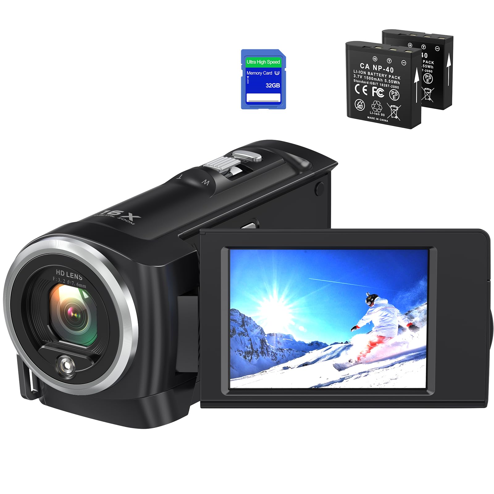 Videokamera 2.7K 50MP Camcorder 16X Digitalzoom Vlogging Camera mit LED-Fülllicht für YouTube, 2.8" LCD Bildschirm Camcorder mit 32 GB SD-Karte, 2 Batterien