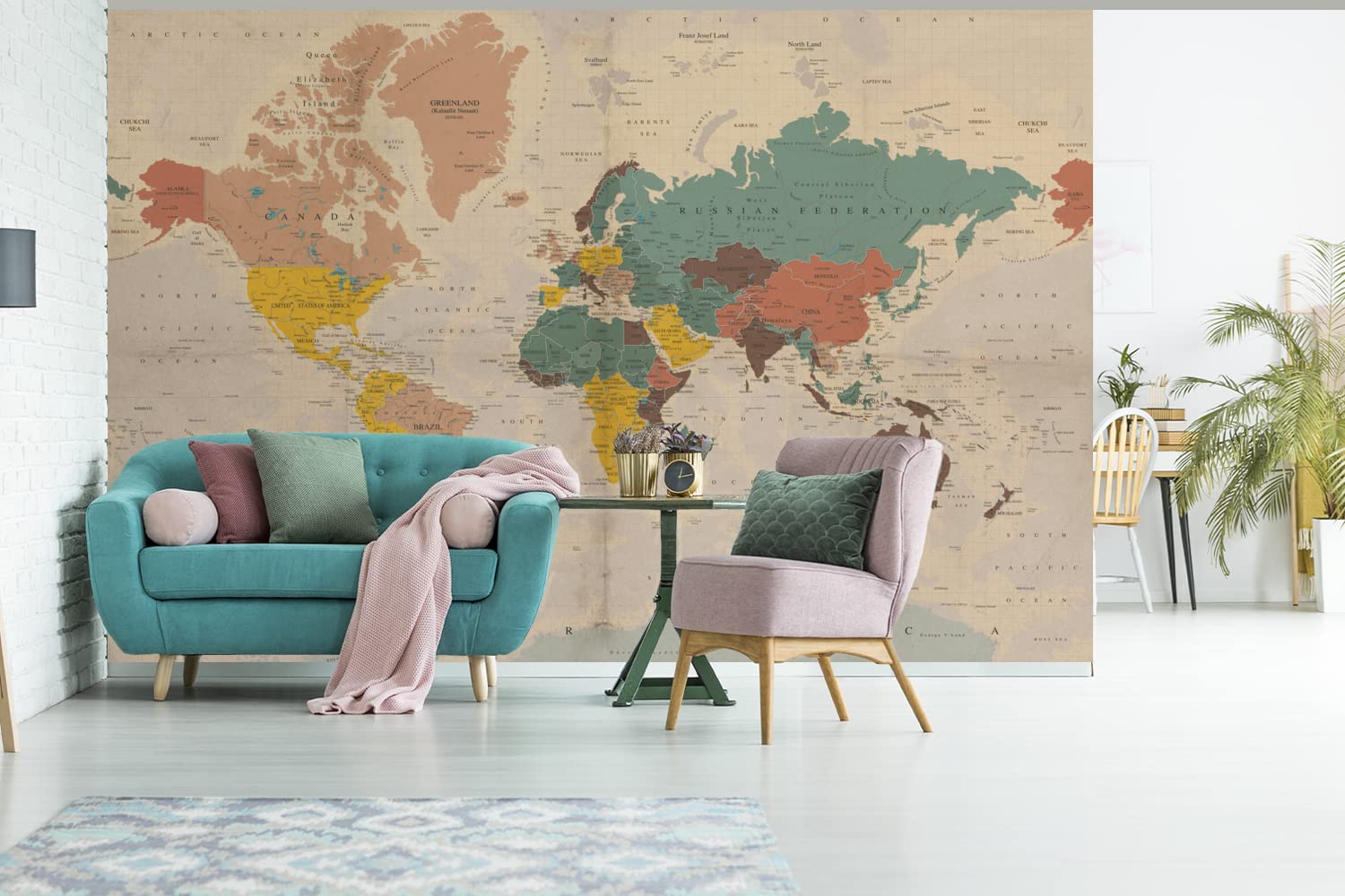 Selbstklebend Tapete Wandpapier Wandaufkleber Fototapete Tapeten Wanddeko 330x220 cm Weltkarte - Vintage - Atlas - Kind - Kind - Mädchen