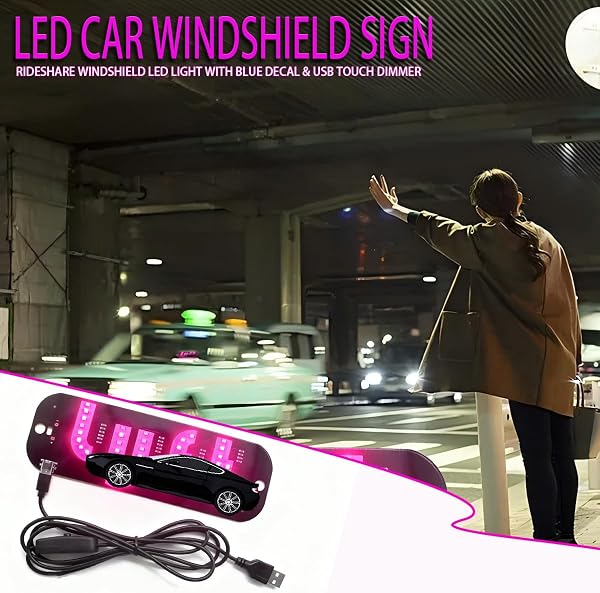 LED Light for Car | Touch Control Cars USB Night Light, USB Cable Taxi Light Pink car Accessories, Decal with Suction Cups Flashing Hook (1*Touch Control Small Lights 1* Cars Signs) - 2