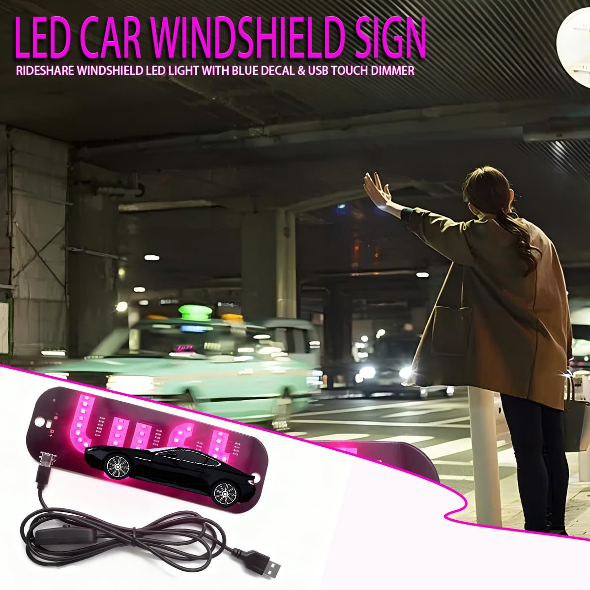 LED Light for Car | Touch Control Cars USB Night Light, USB Cable Taxi Light Pink car Accessories, Decal with Suction Cups Flashing Hook (1*Touch Control Small Lights 1* Cars Signs) - 3