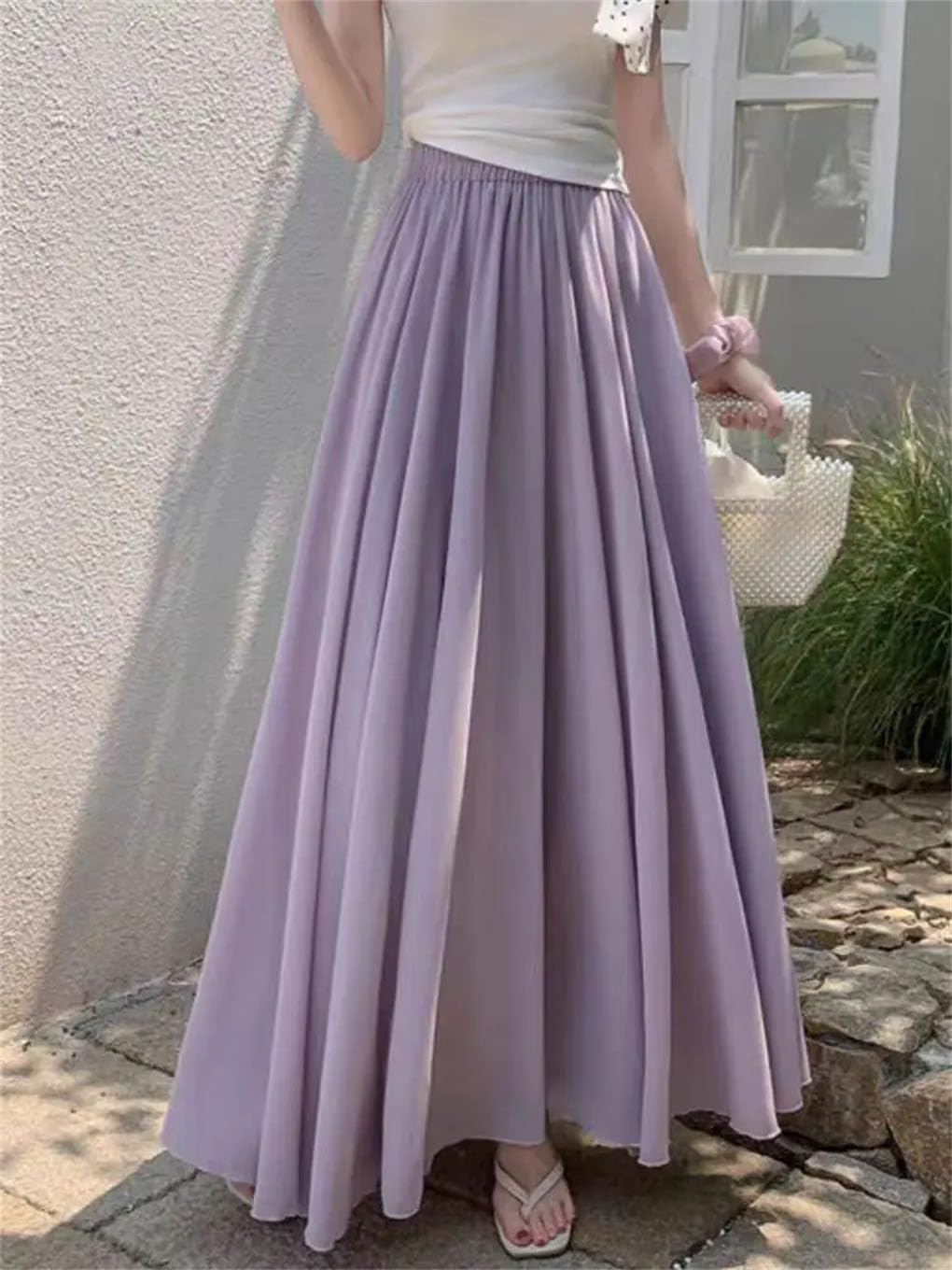 Jupe longue en mousseline de soie pour femme - Taille haute - Ourlet fluide avec drapé et silhouette large
