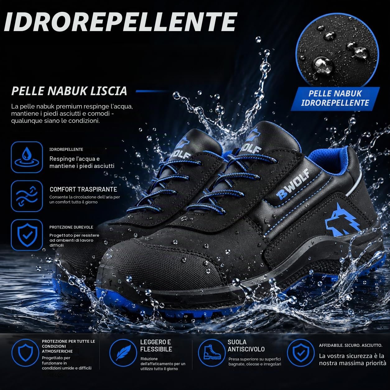 BWOLF Spire Scarpe da Lavoro da Uomo S3 Scarpe Antinfortunistiche Uomo S3 Impermeabili, Resistenti all'olio, Antiscivolo con Tecnologia 4x4 Grip con Suola Intercambiabile ergonomica, Blu/Nero, 45 EU